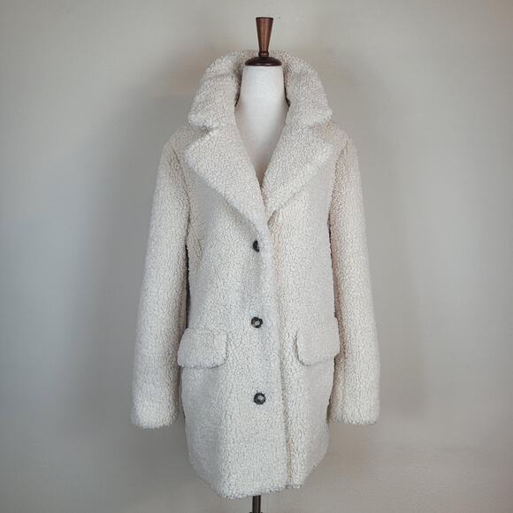 J.Crew Teddy Sherpa Coat Medium Ivory Cream Button Down Collared Lined BA527 - Picture 1 of 12